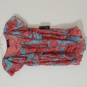 NWT Ana Sheer Ruffle Floral Blouse Ruched Waist - Size S